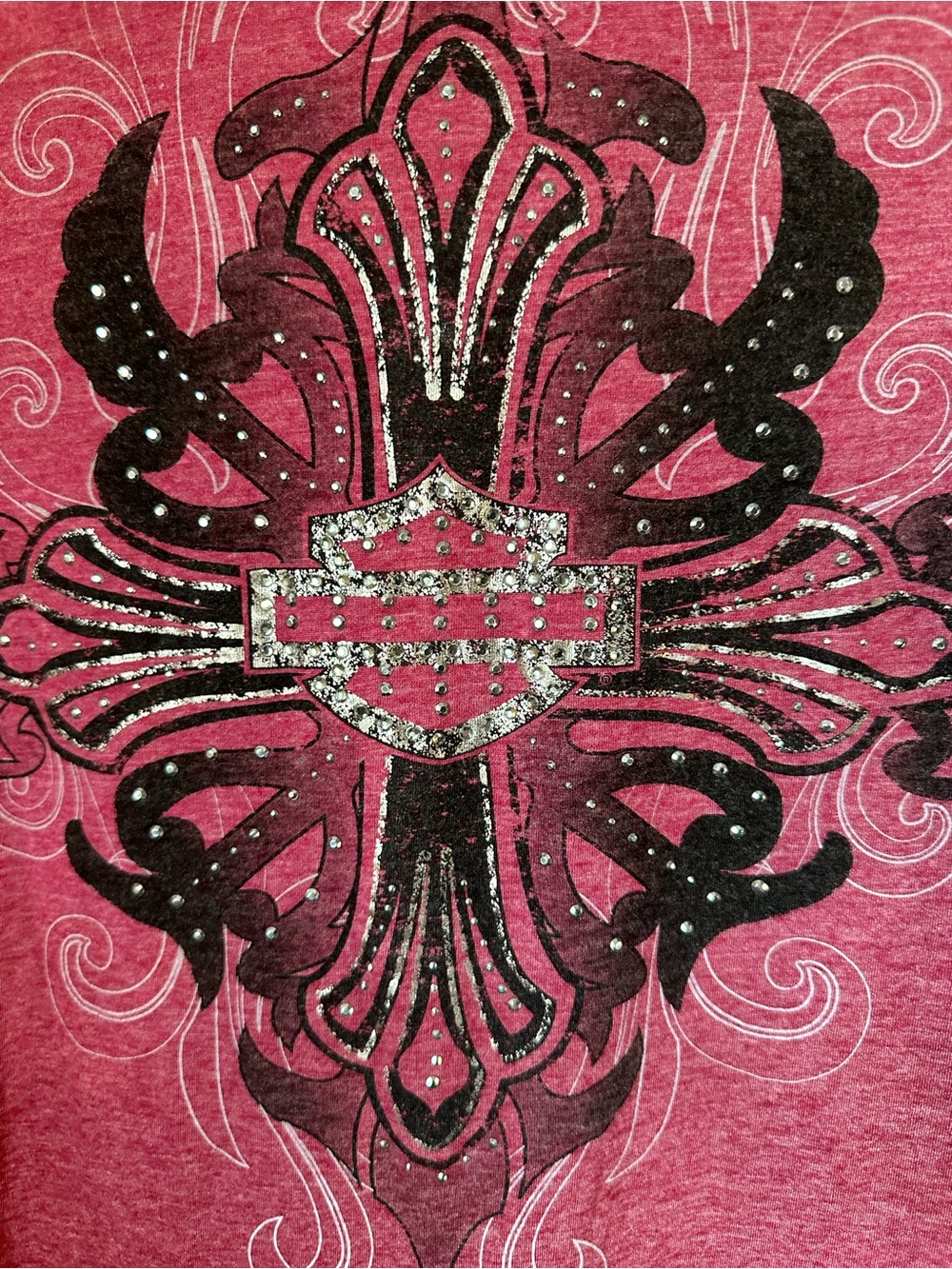 Harley-Davidson Long Sleeve Top with Blinged Out Graphic & Crocheted Sleeves - Picture 3 of 5